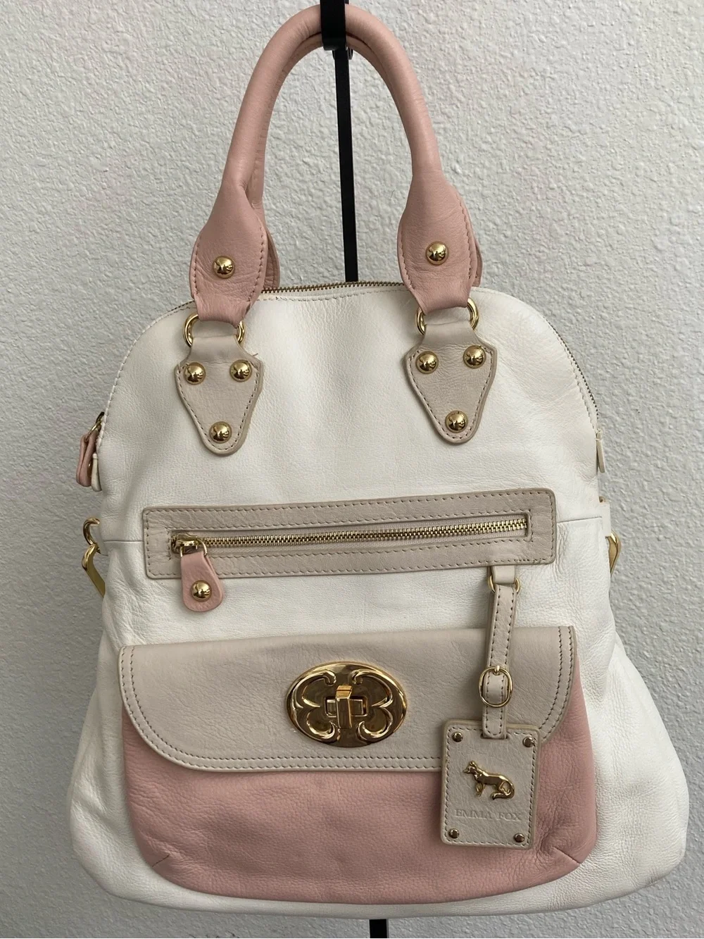 Emma Fox colorblock leather convertible foldover tote satchel in cream/pink